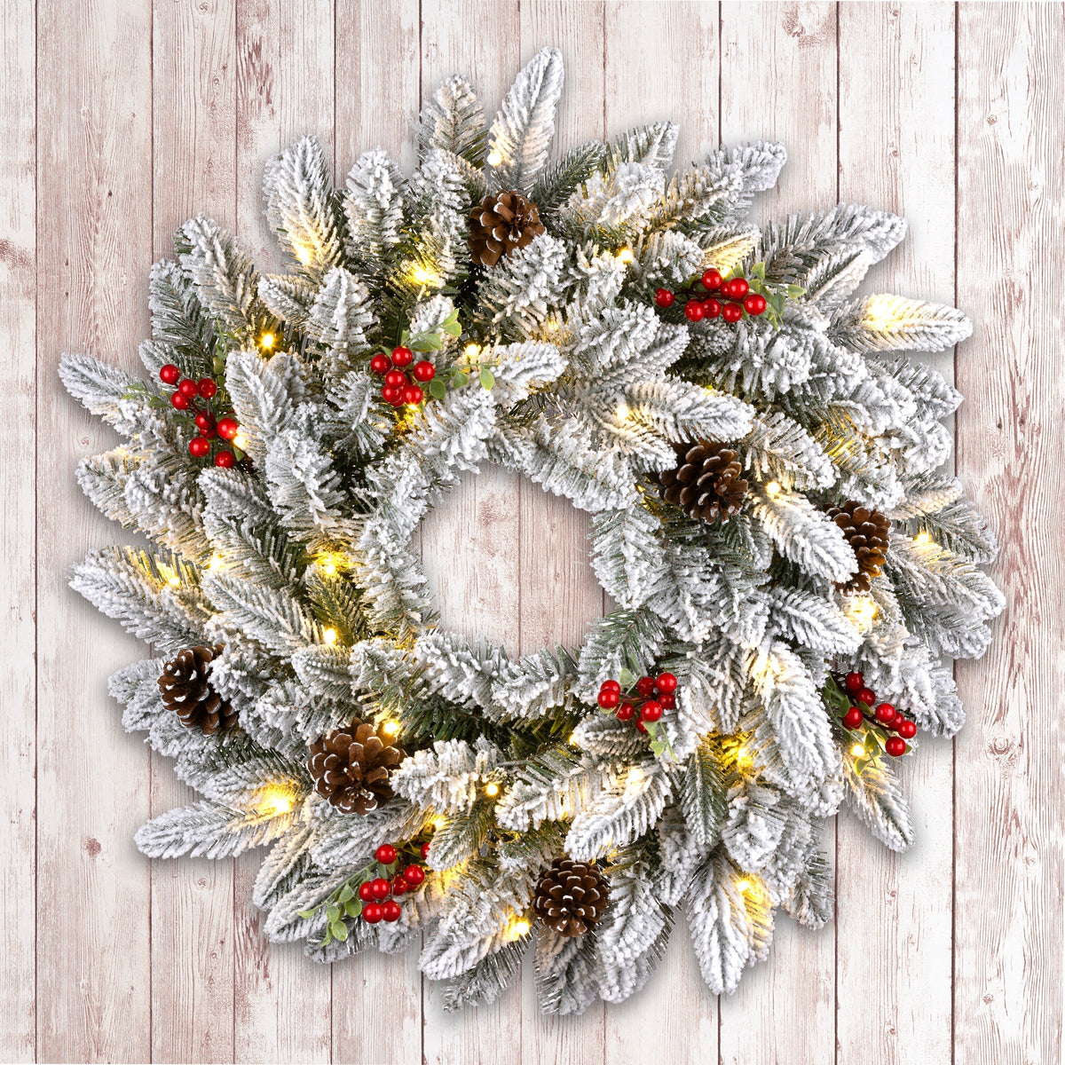 Pre Lit Snowberry Pine Christmas Wreath with LED Lights, 61 cm