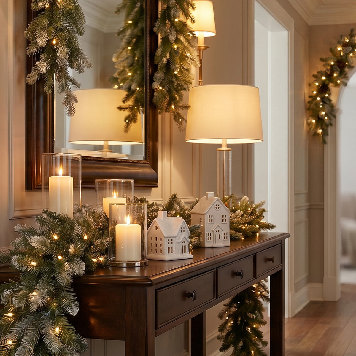 2.7m Pre Lit Woodland Christmas Garland, Warm White LED