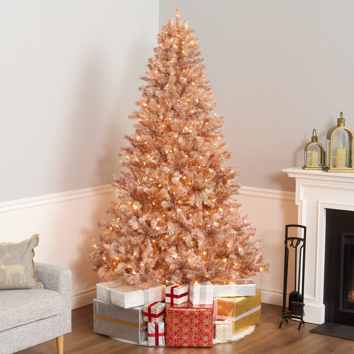 7.5ft Pre Lit Pink Flocked Christmas Tree, Clear Lights