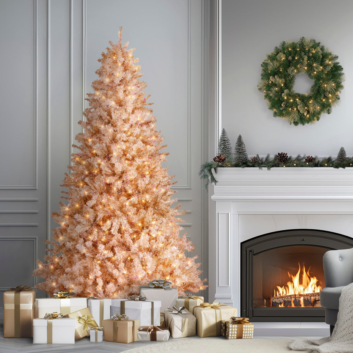 7.5ft Pre Lit Pink Flocked Christmas Tree, Clear Lights