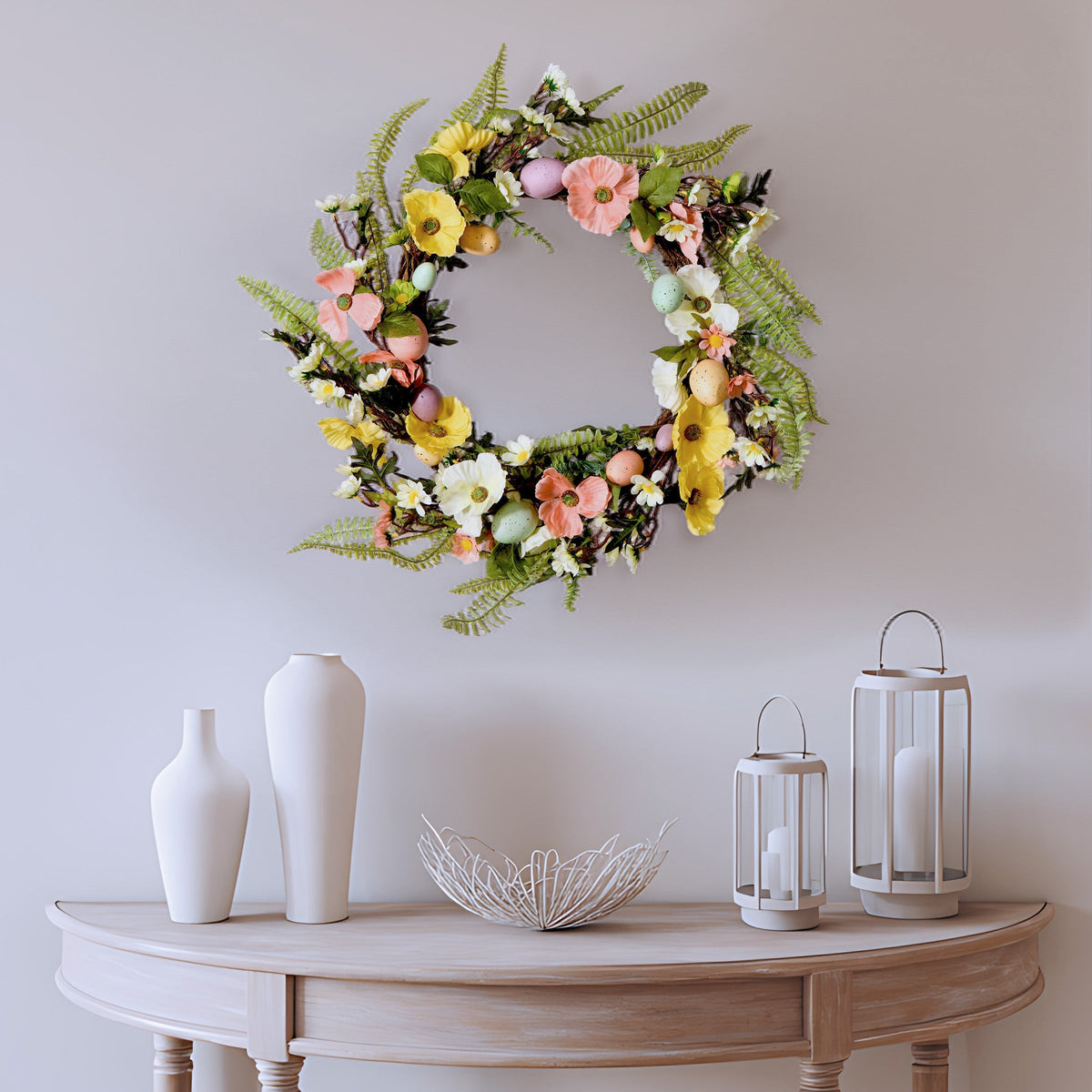 Easter Wreath with Pastel Eggs and Spring Flowers, 56 cm