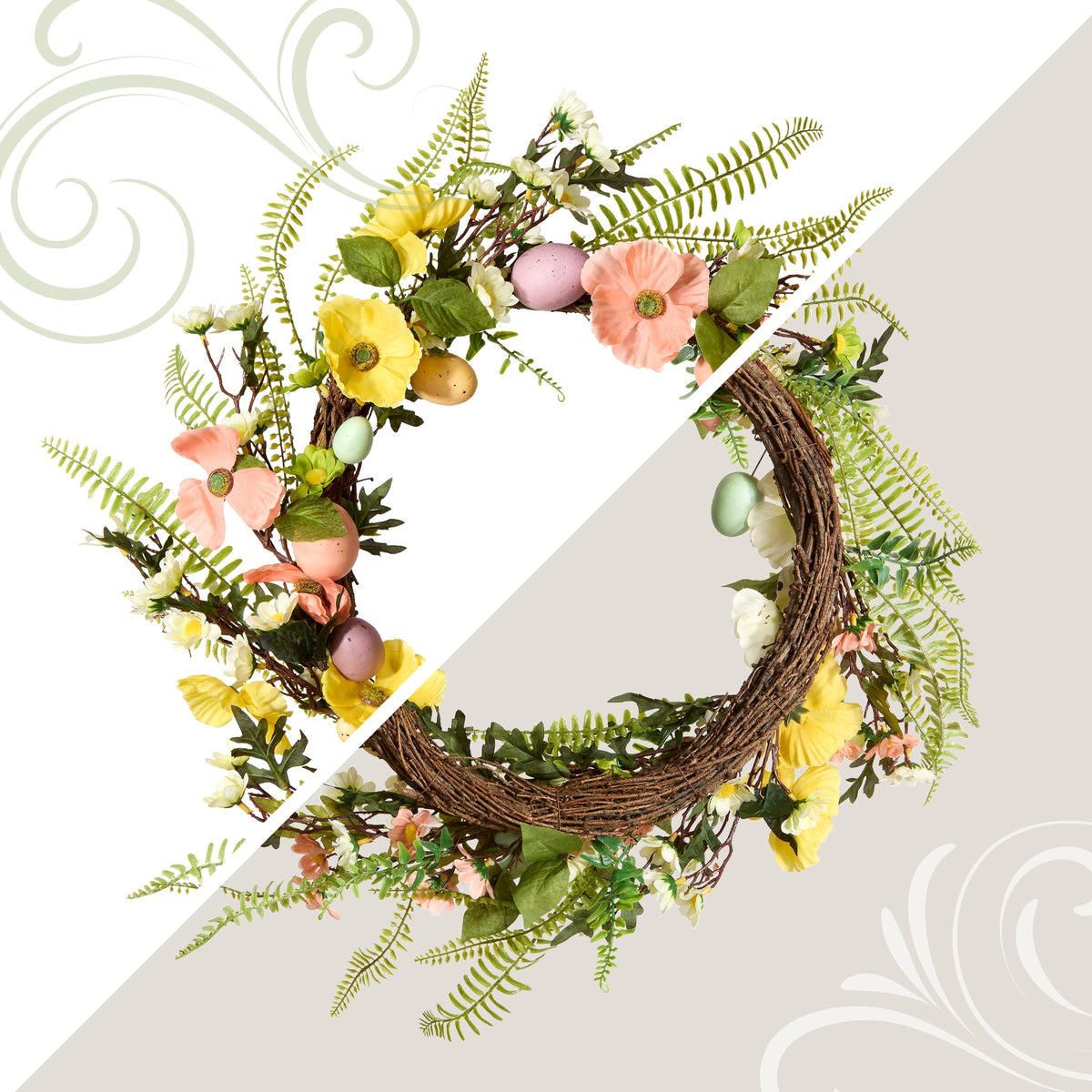 Easter Wreath with Pastel Eggs and Spring Flowers, 56 cm