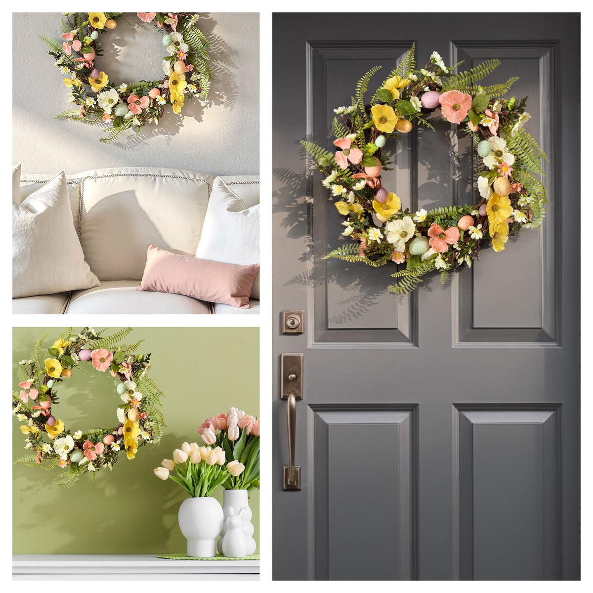 Easter Wreath with Pastel Eggs and Spring Flowers, 56 cm