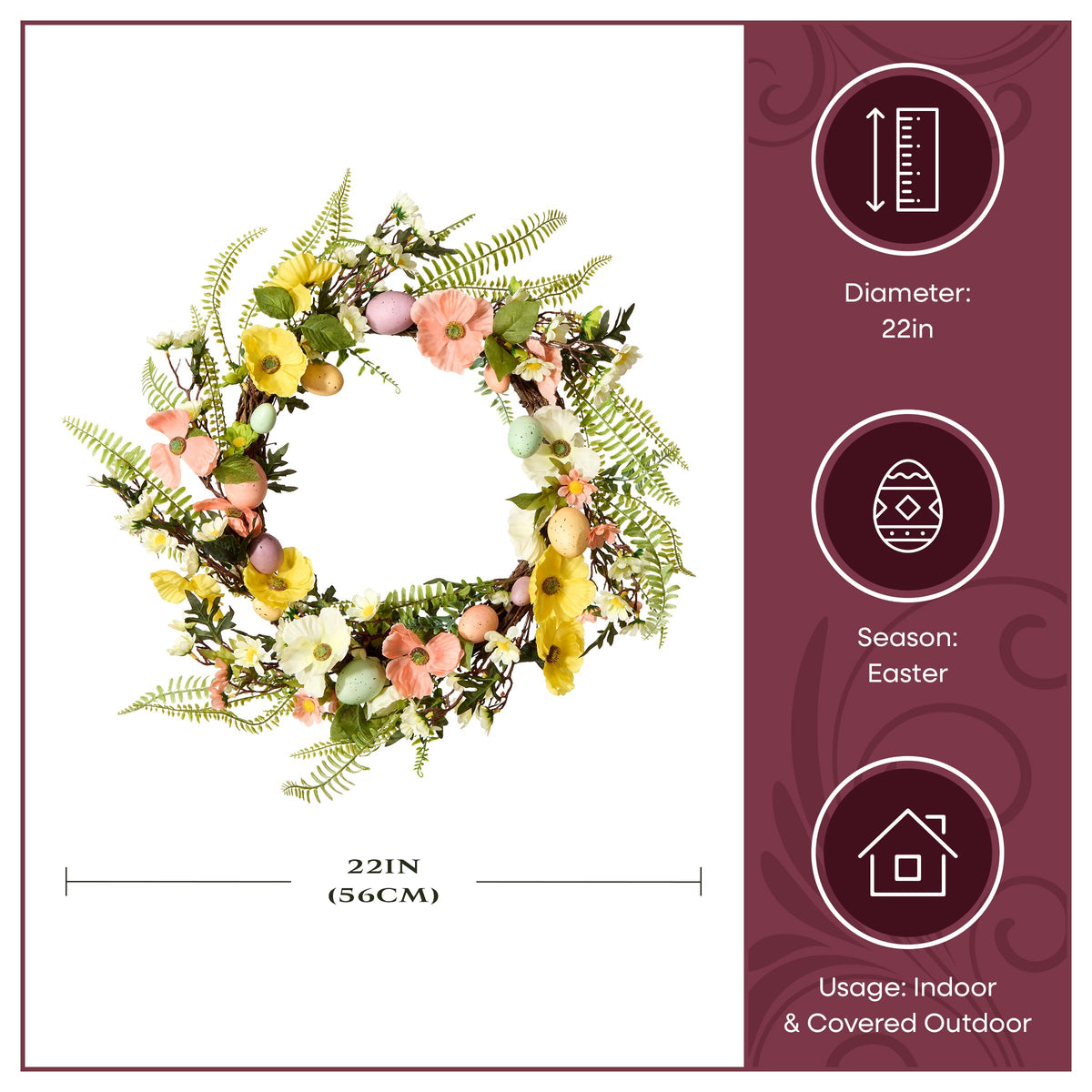 Easter Wreath with Pastel Eggs and Spring Flowers, 56 cm