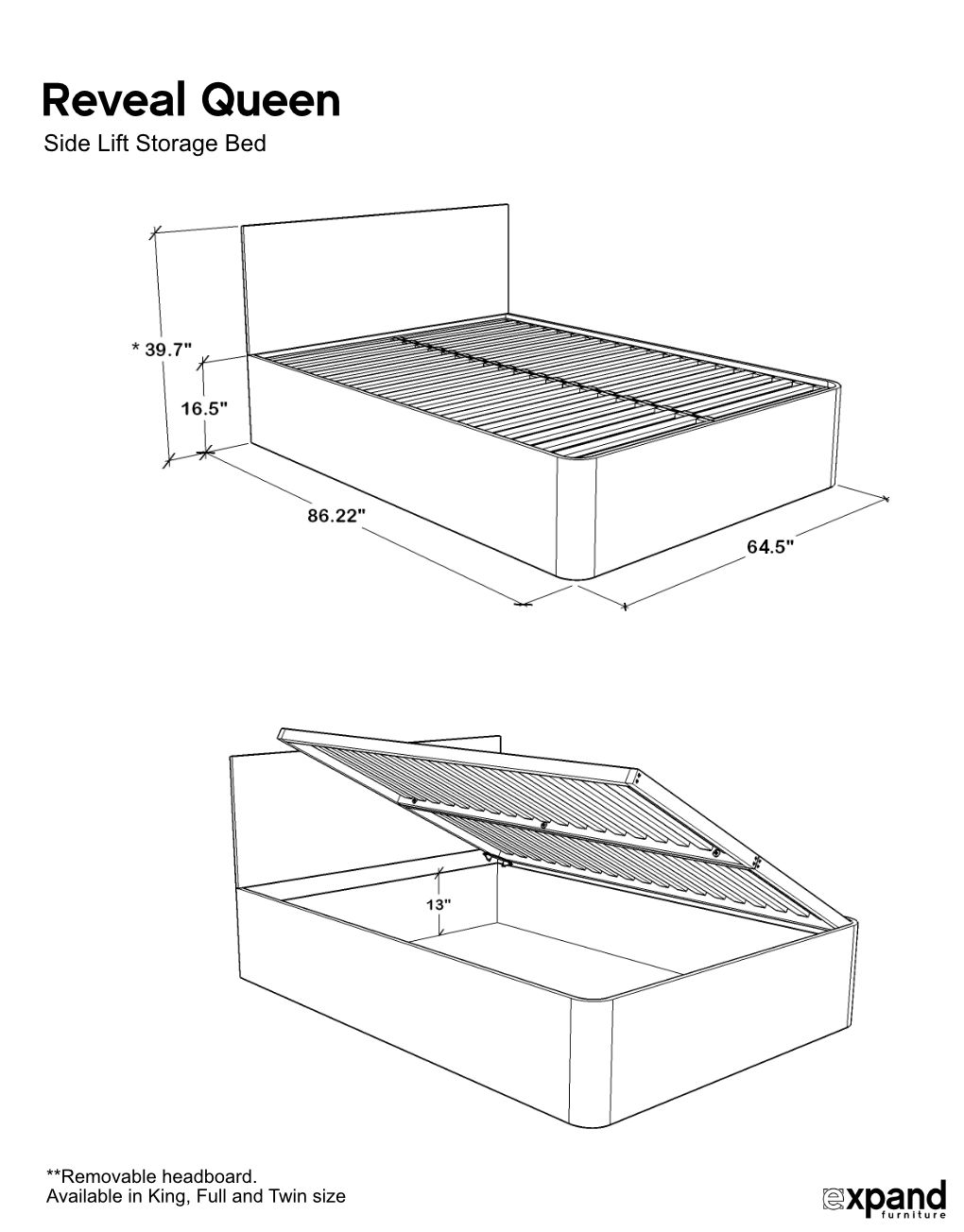 Side Lift Storage Bed, UK King Size