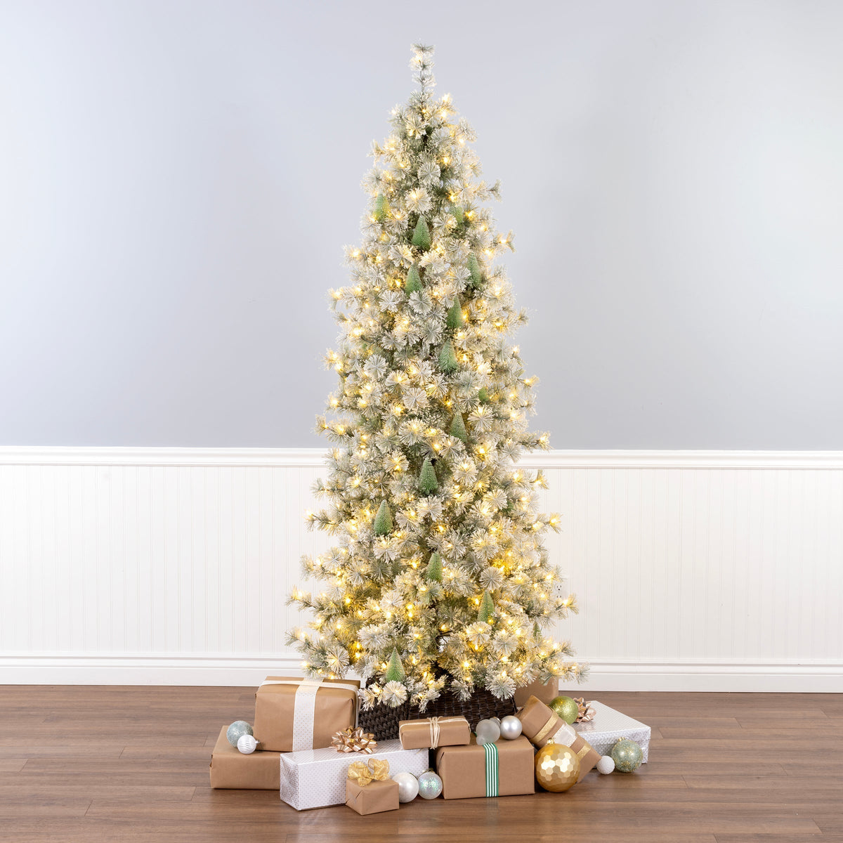 7.5ft Pre Lit Slim Snowy Bottle Brush Christmas Tree, Clear Lights
