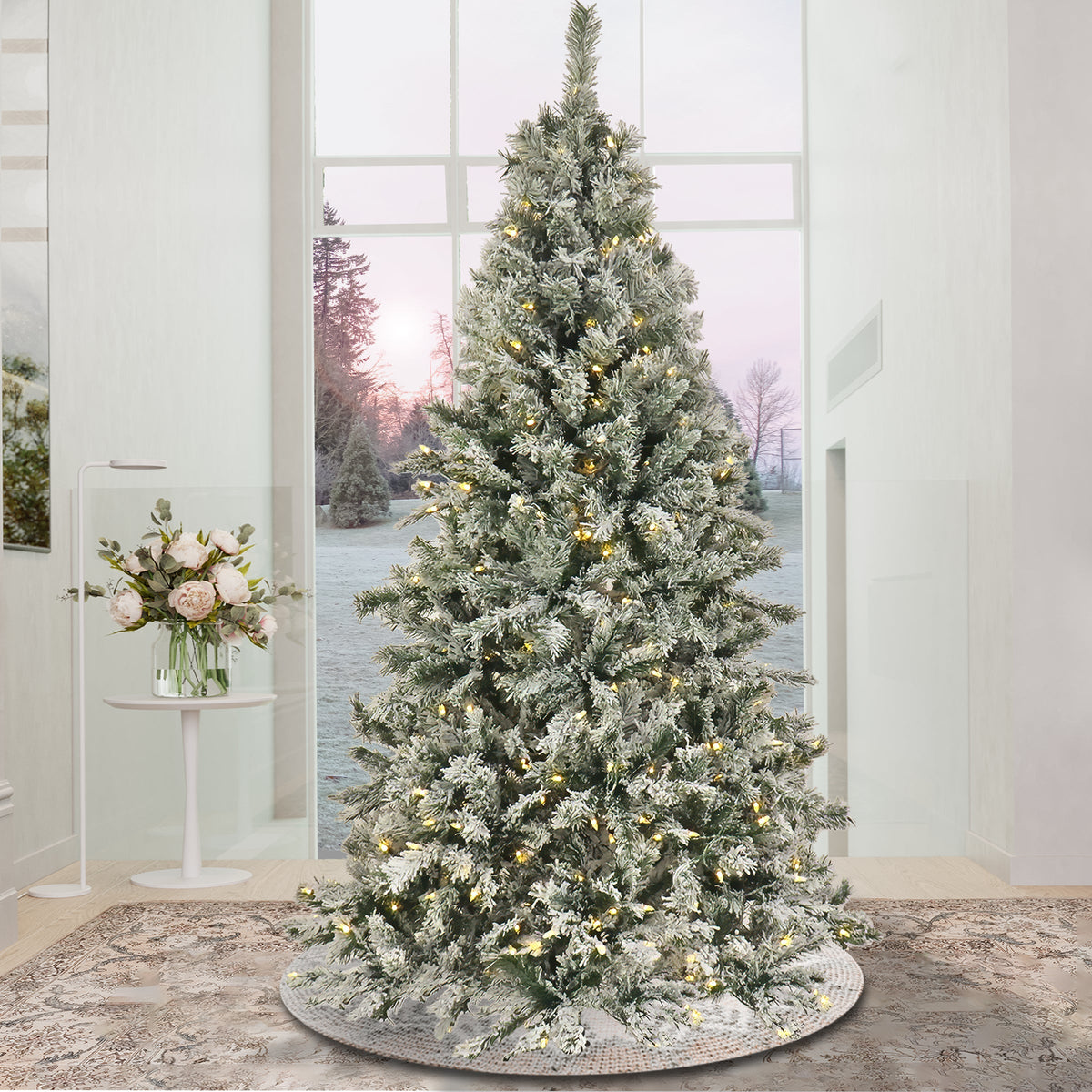 9ft Pre Lit Snowy Harwich Hinged Christmas Tree, Warm White LED