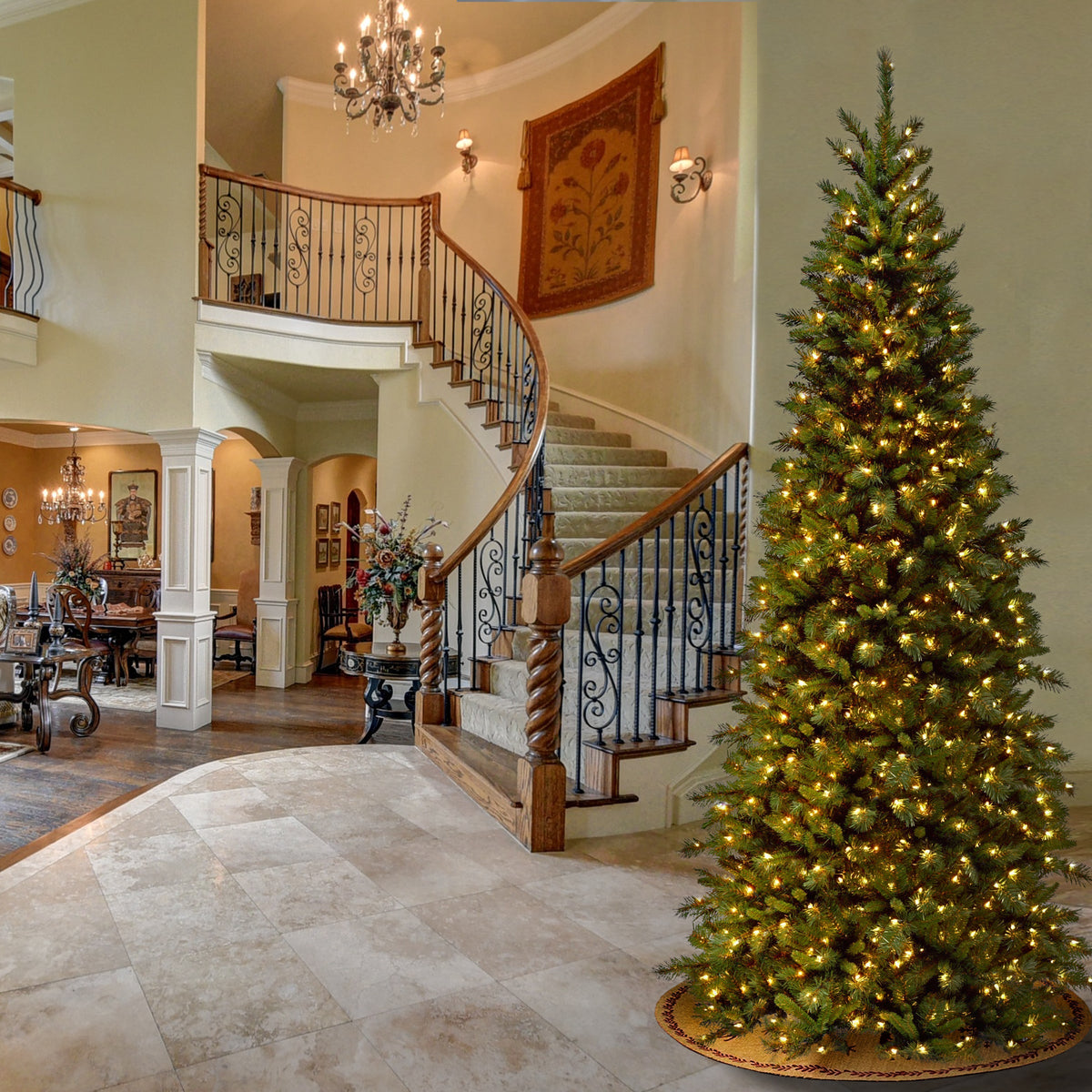 9ft Pre Lit Slim Downswept Fir Christmas Tree, 700 Clear Lights