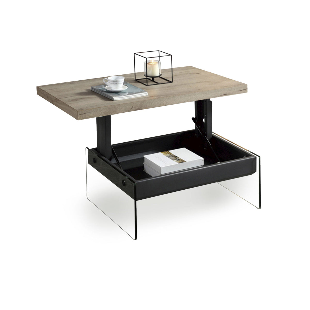 Lift Top Coffee Table with Glass Legs and Hidden Storage