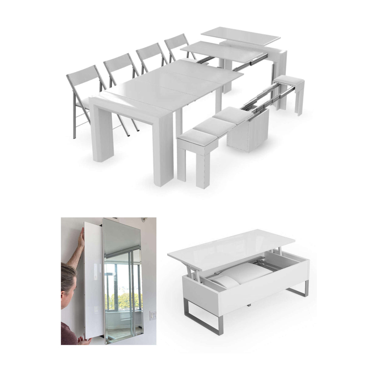 Console to Dining Table Set with Extending Bench and 4 Folding Chairs