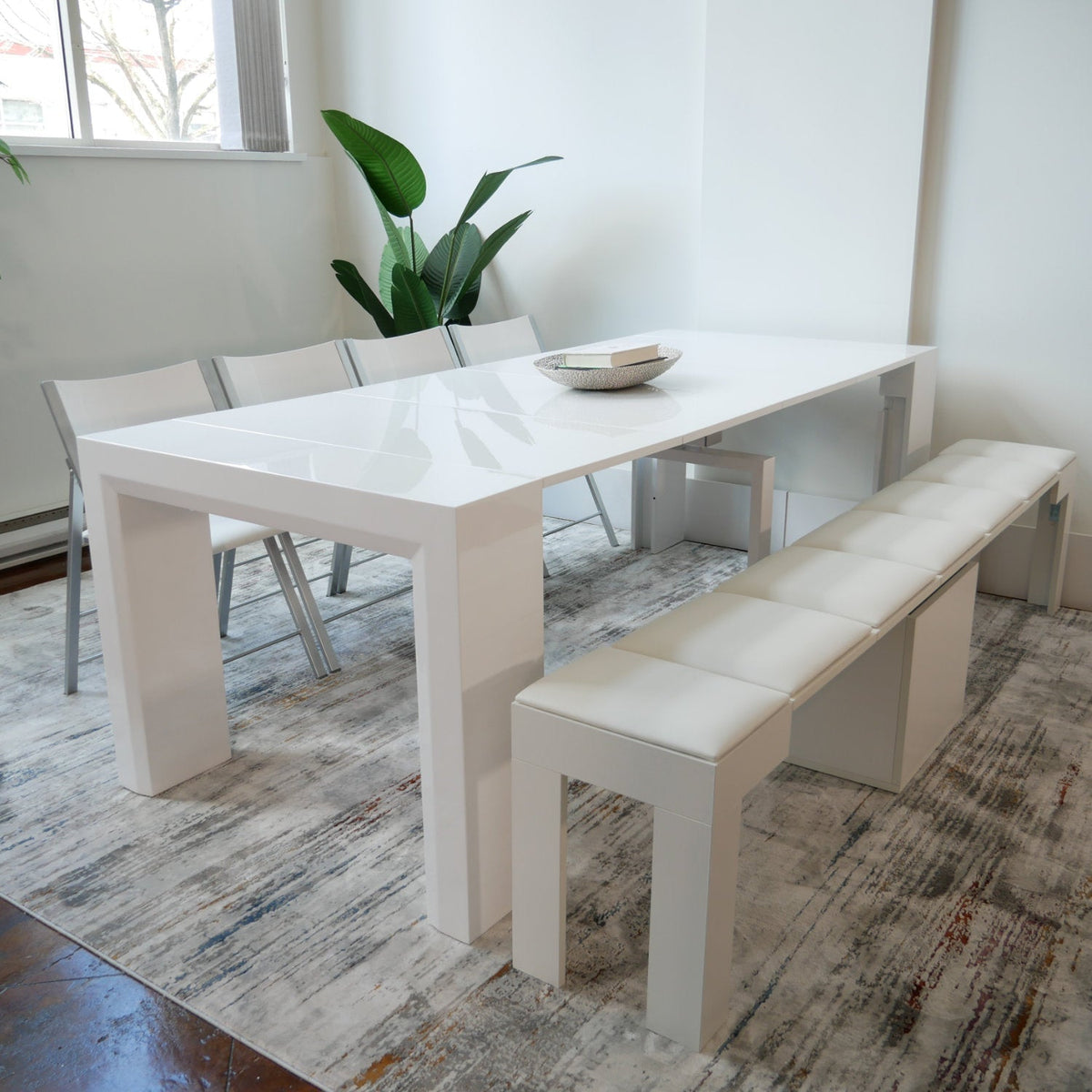Console to Dining Table Set with Extending Bench and 4 Folding Chairs