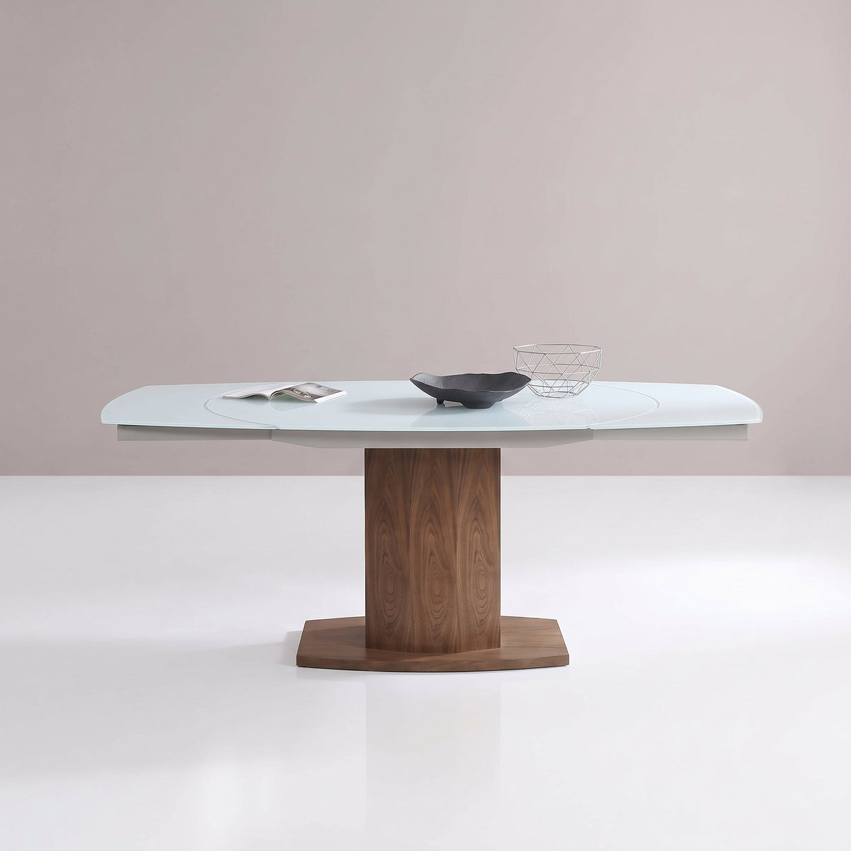 Oval White Glass Rotating Extending Table, Seats 8
