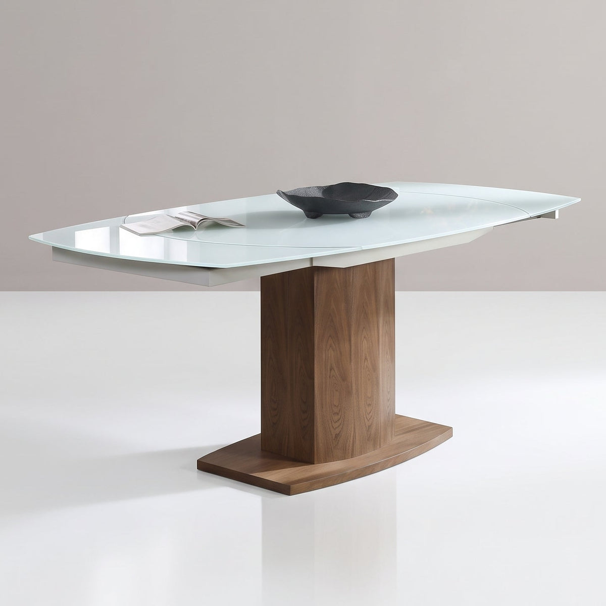 Oval White Glass Rotating Extending Table, Seats 8