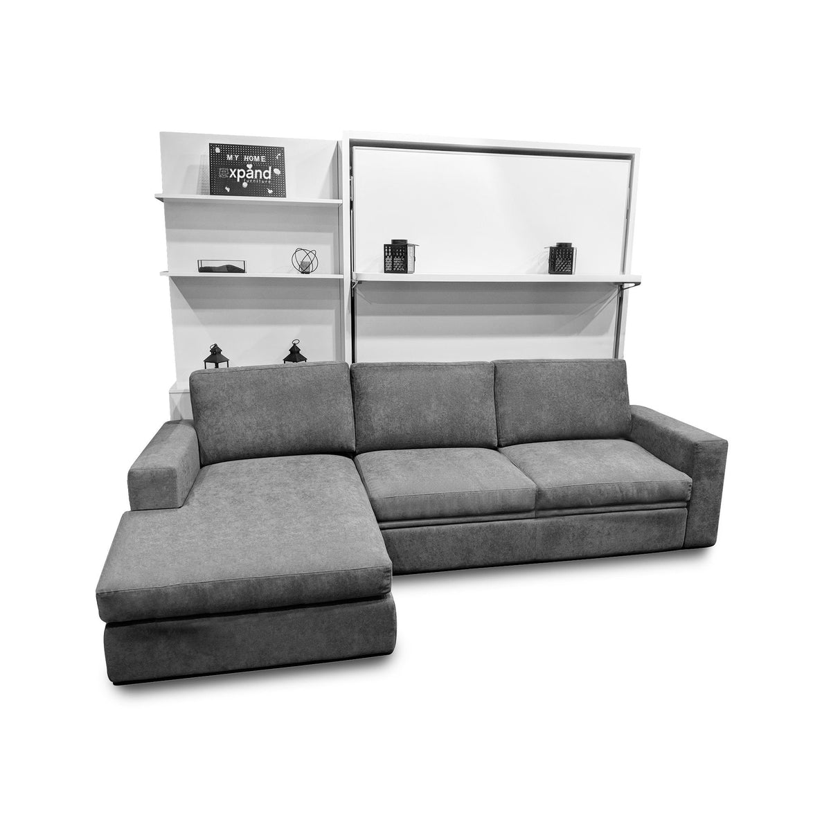 Shelf Wall Bed over Corner Sofa with Side Shelving
