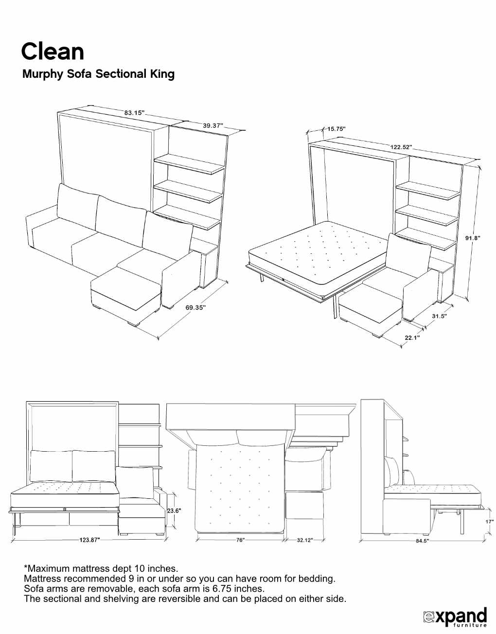 Sofa Wall Bed with Corner Sofa and Shelving, UK Super King Size