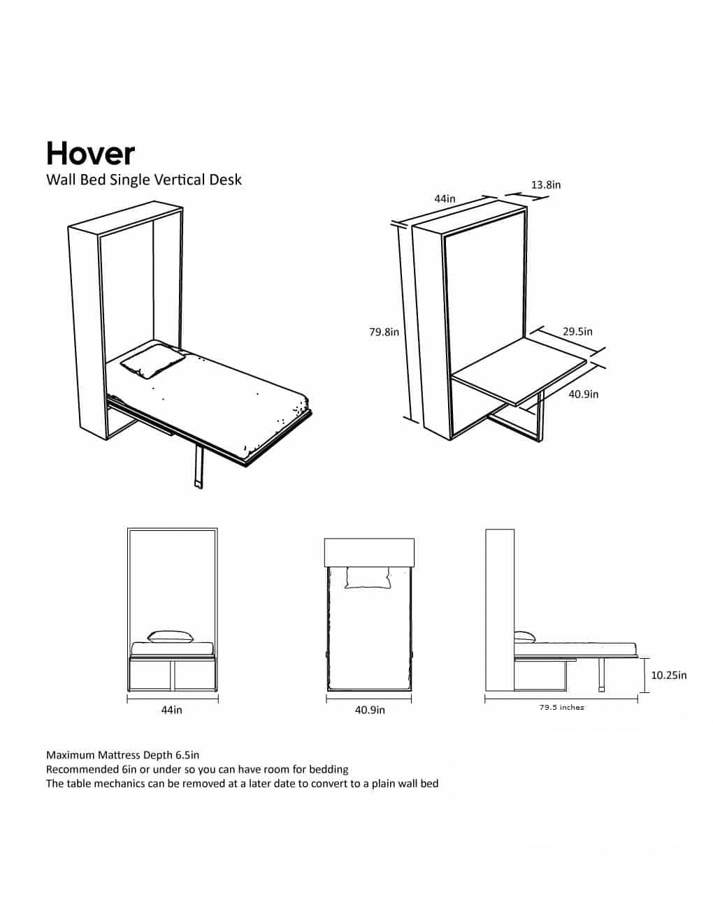 Vertical Single Wall Bed with Table Desk