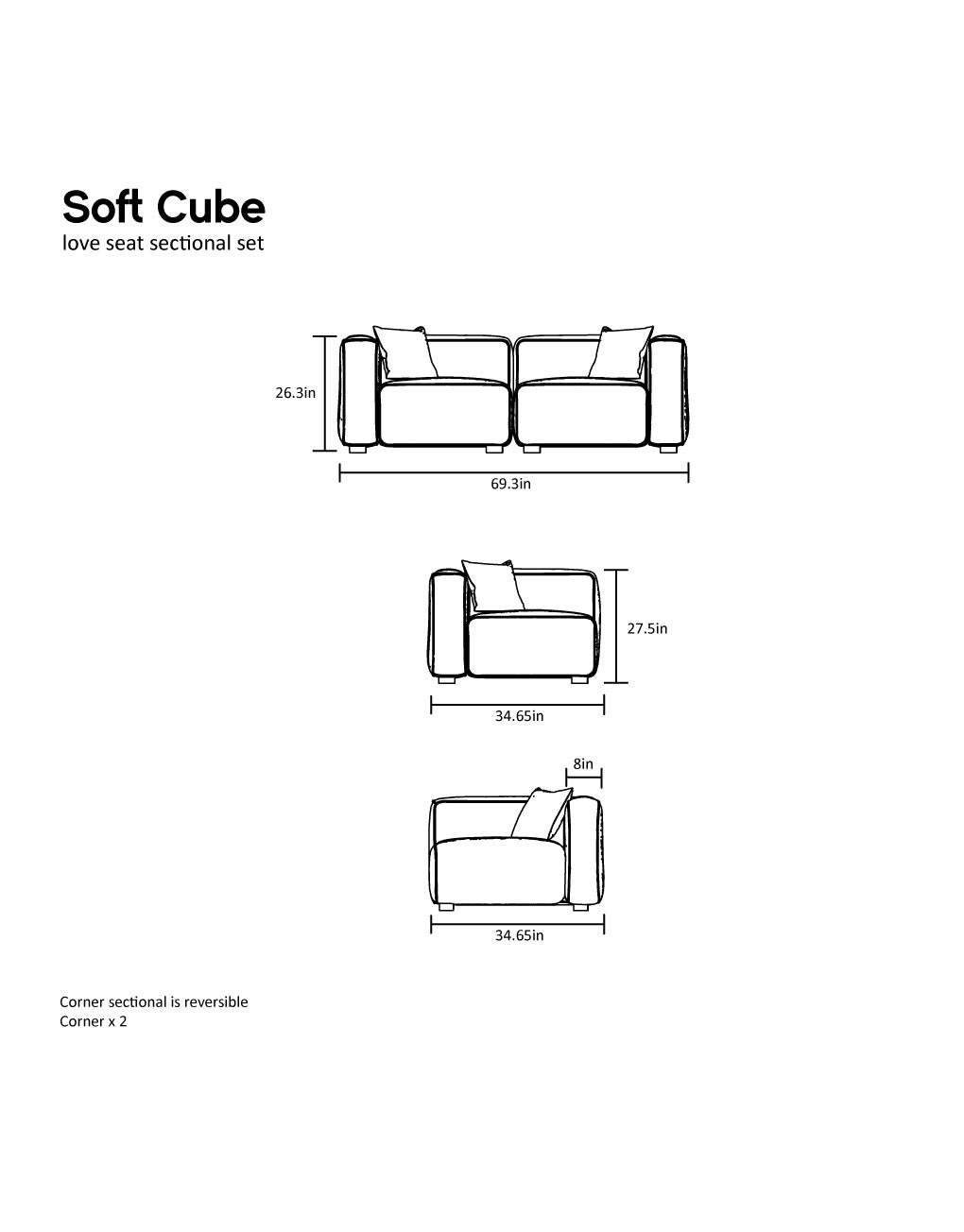 Soft Cube 2 Seat Sofa, Splits into 2 Chairs