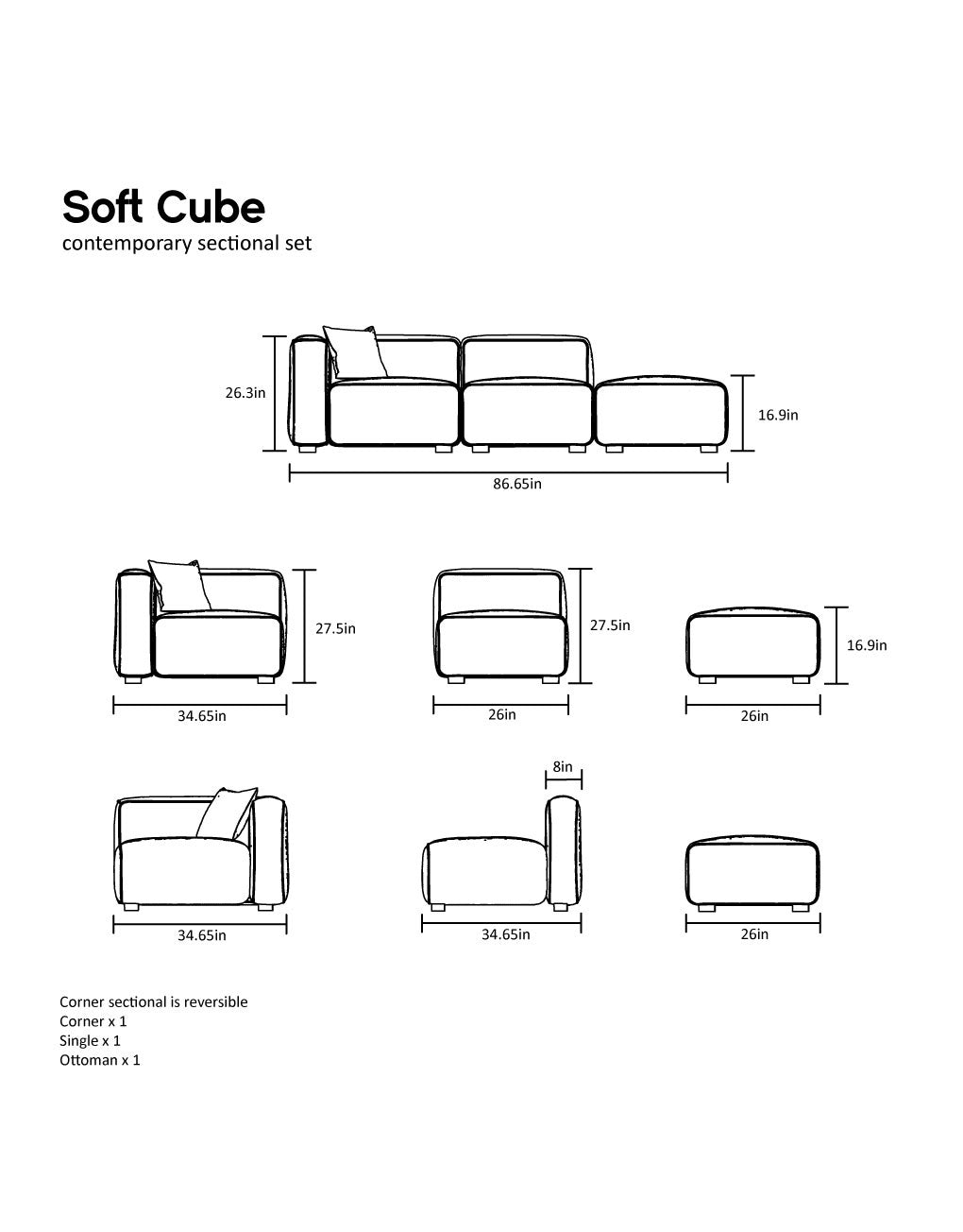 Soft Cube 3 Seat Modular Sofa