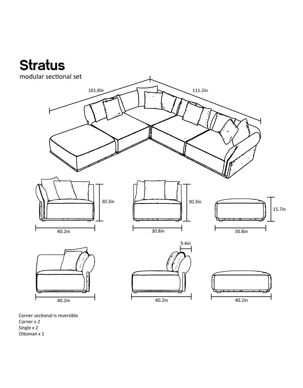 Grey Modular Corner Sofa, 5 Pieces with Cushions