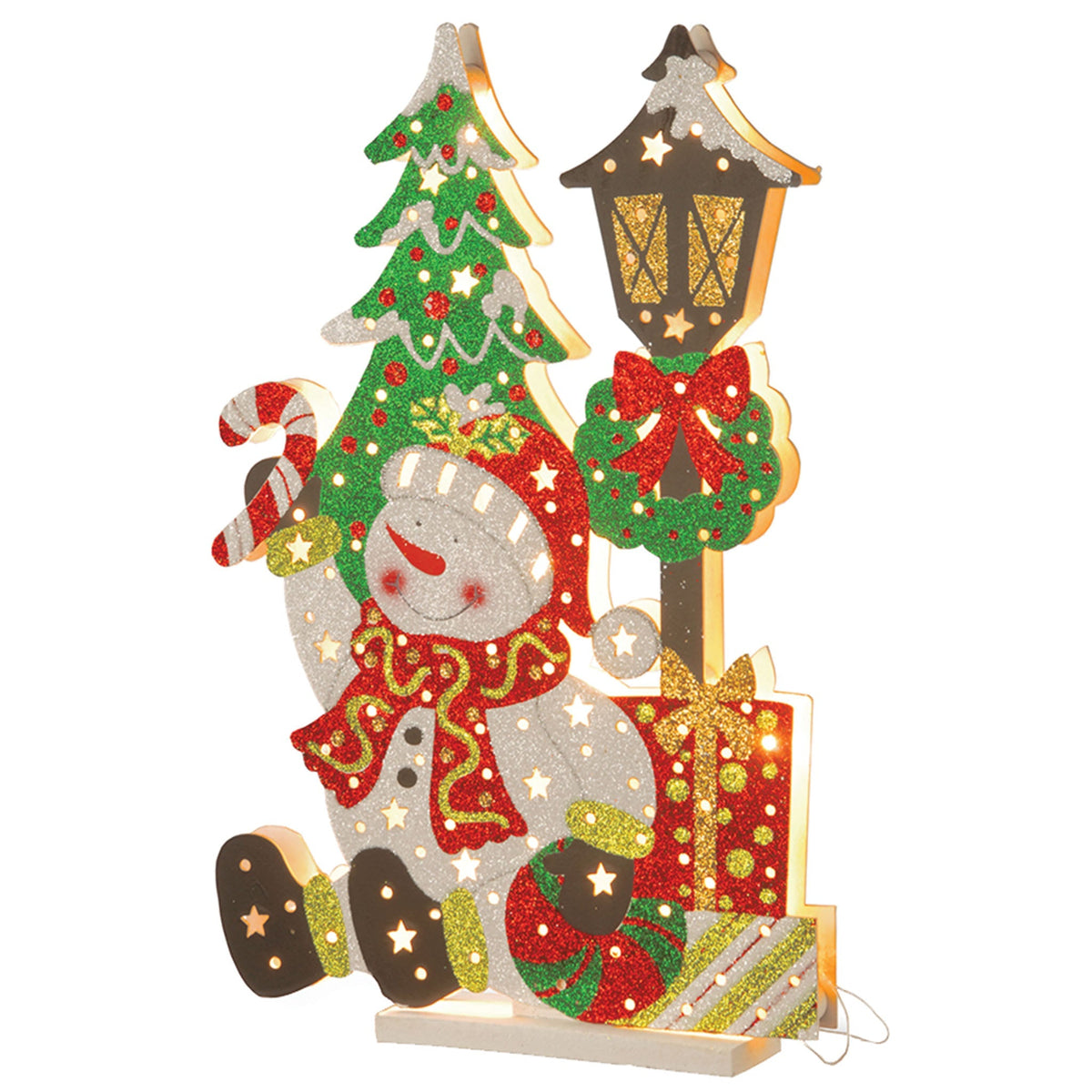 Light Up Snowman Lamp Post Scene, Warm White LED, 43 cm