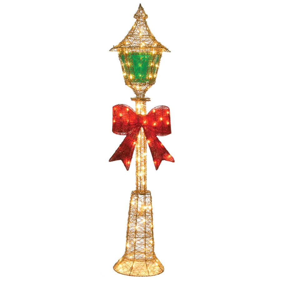 Pre Lit Gold Wire Christmas Lamp Post with Red Bow, 152 cm